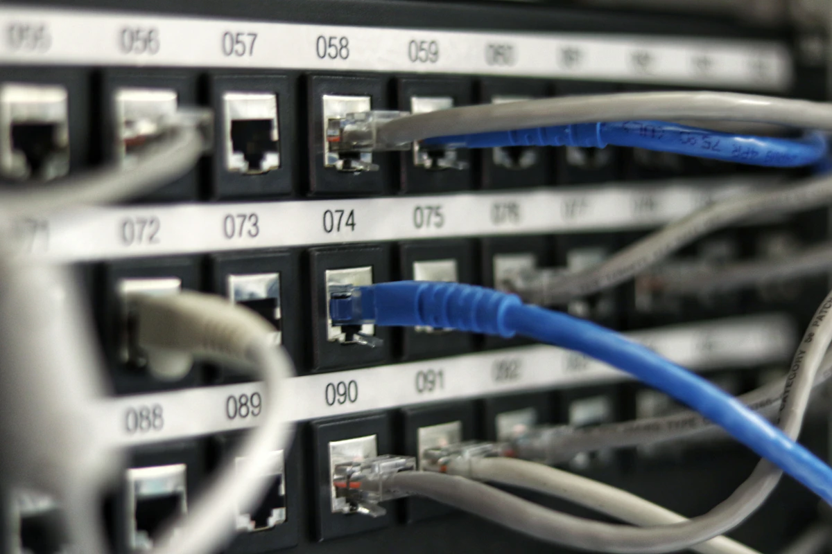 Blue and gray Ethernet cables connected to a numbered network patch panel.